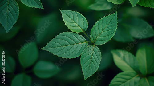 Close-up of vibrant green leaves in a lush natural setting. This close-up image showcases a cluster of vibrant green leaves, highlighting their intricate textures and details.