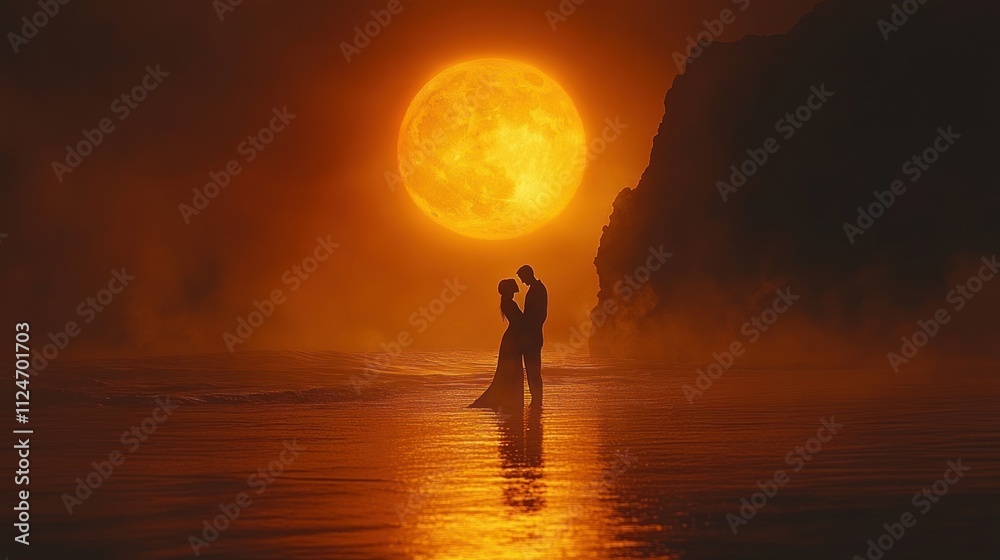 A romantic silhouette of a couple against a glowing sunset. A romantic silhouette of a couple against a glowing sunset.
