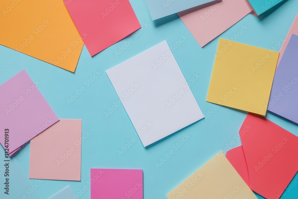 Colorful arrangement of sticky notes on a blue background with blank space for messages Colorful arrangement of sticky notes on a blue background with blank space for messages
