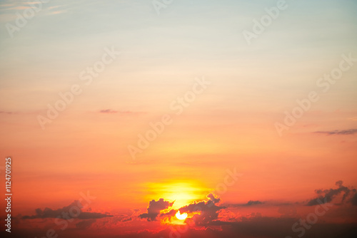 Sky,sunset, beautiful , luxury soft gradient orange gold clouds and sunlight on the blue sky perfect for the background, Sunrise on morning or everning in winter warm time ,Twilight summer,silhouette photo