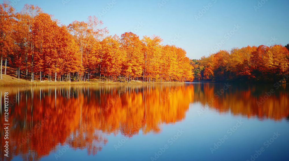 A tranquil autumn lake with orange and yellow trees reflecting on the surface. A tranquil autumn lake with orange and yellow trees reflecting on the surface.