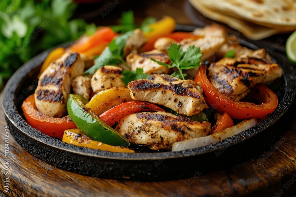 Sizzling grilled chicken fajitas platter mexican food delight rustic kitchen fresh ingredients close-up view mouthwatering culinary experience