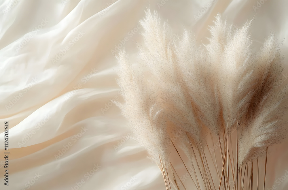 Soft pampas grass arranged elegantly on a light background with flowing fabric in natural tones Soft pampas grass arranged elegantly on a light background with flowing fabric in natural tones