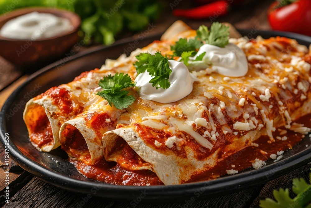 Delicious mexican food a platter of red enchiladas with sour cream and cilantro rustic kitchen culinary delight top-down view for authentic dining experience Delicious mexican food a platter of red enchiladas with sour cream and cilantro rustic kitchen culinary delight top-down view for authentic dining experience