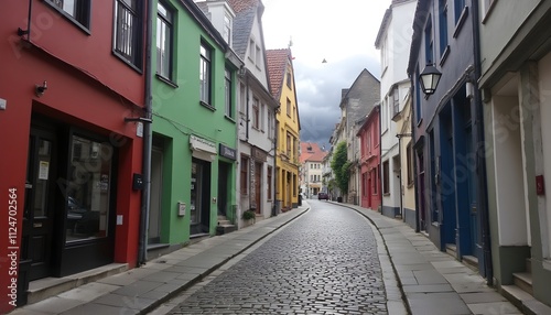 Charming cobblestone street in an old town with colorful buildings and a cloudy sky