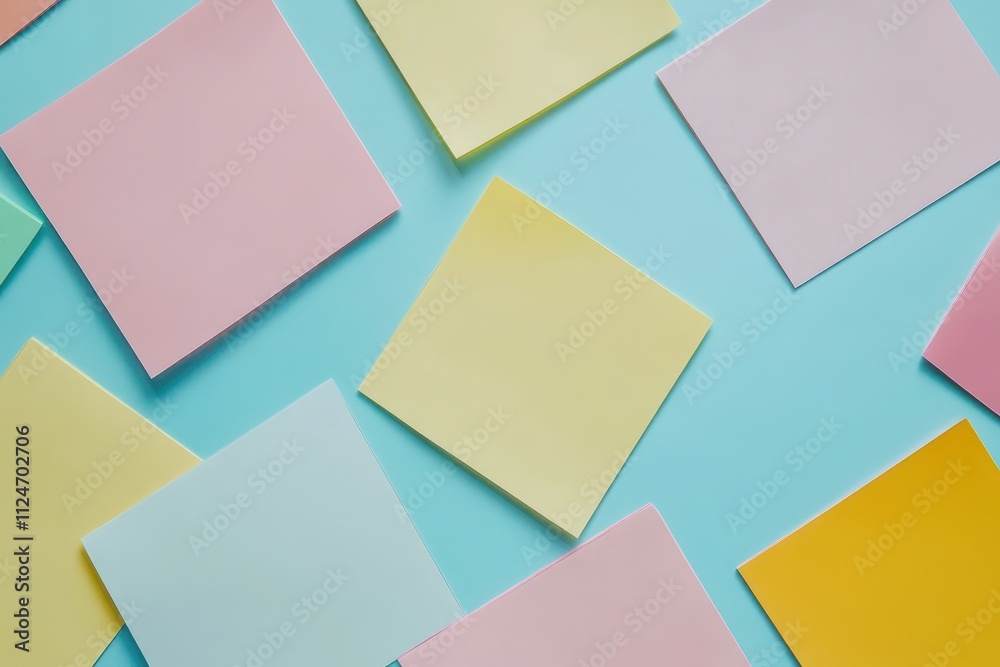 Colorful sticky notes scattered on a turquoise surface for creative planning and organization Colorful sticky notes scattered on a turquoise surface for creative planning and organization
