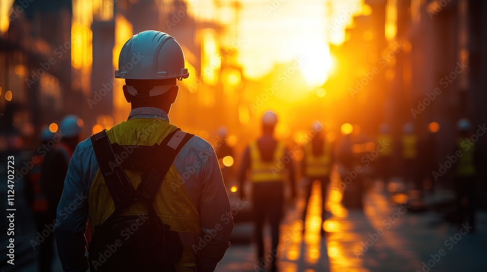 Construction workers at sunset, emphasizing teamwork and industry. Construction workers at sunset, emphasizing teamwork and industry.