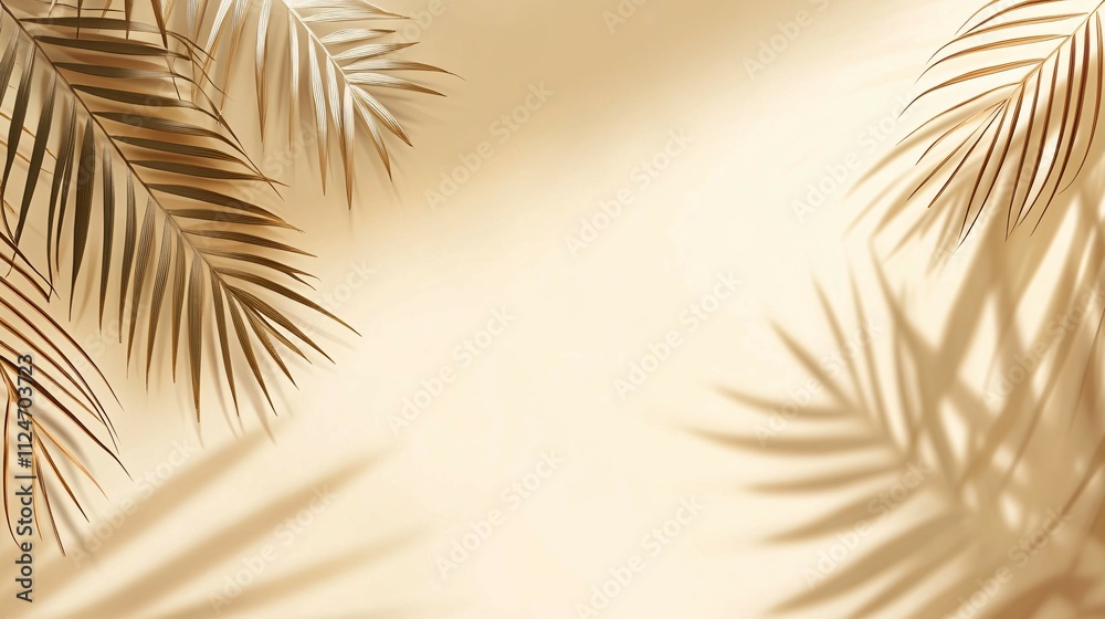 Fototapeta premium Golden Palm Leaves Cast Shadows On Beige Background