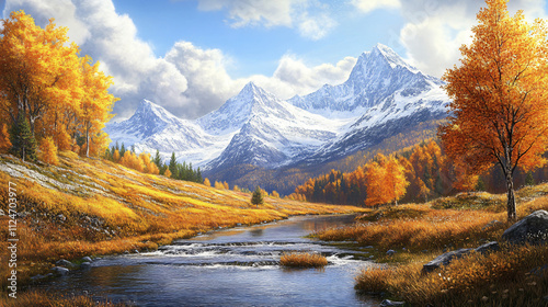 A tranquil autumn scene in the Alps, with golden foliage lining a mountain stream and distant peaks covered in snow.