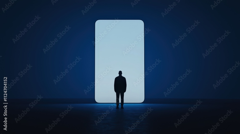 Obraz premium Cinematic low-angle shot featuring a person standing near a large glowing screen