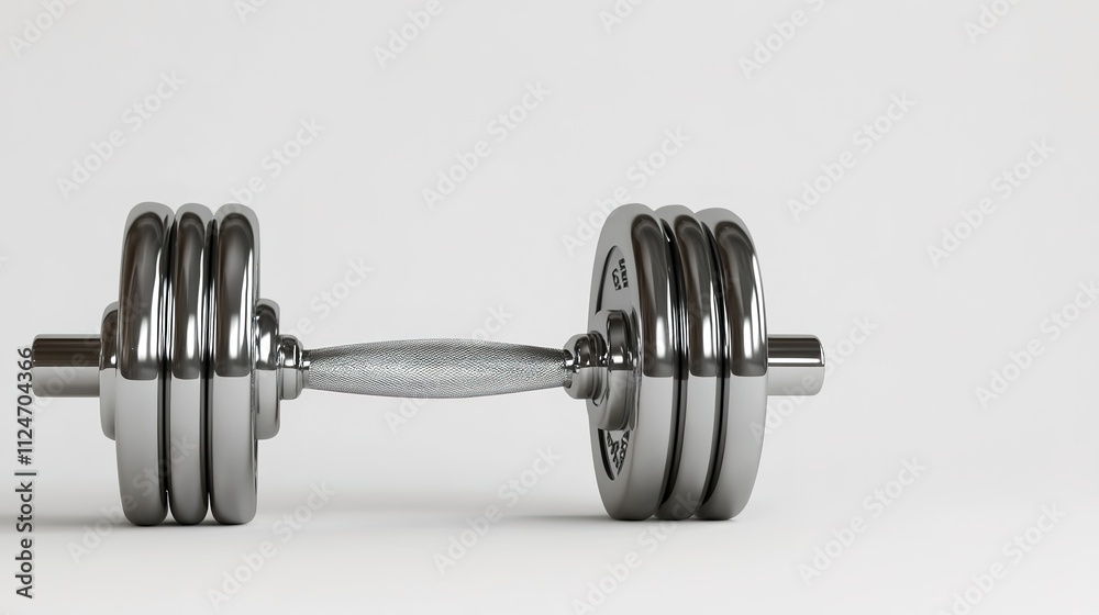 Naklejka premium Silver dumbbell on white background, fitness concept, ample space for text.