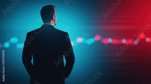 Business professional observing data trends in a dramatic blue and red light setting photo