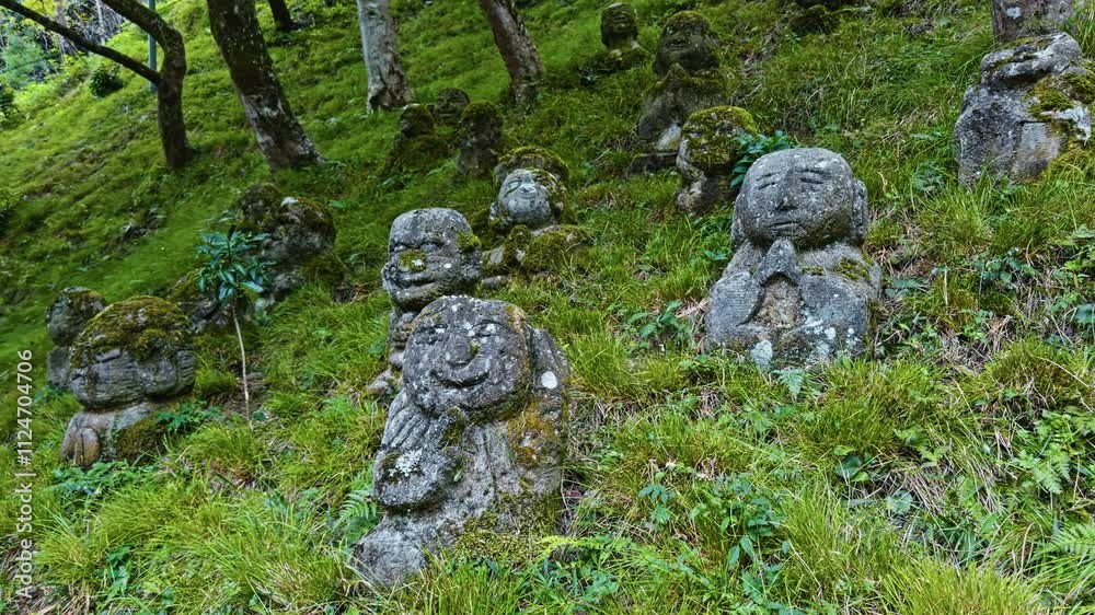 An enchanting forest pan right across mossy Buddhist statues praying on hillside at Kyoto's Otagi Nenbutsuji Temple An enchanting forest pan right across mossy Buddhist statues praying on hillside at Kyoto's Otagi Nenbutsuji Temple