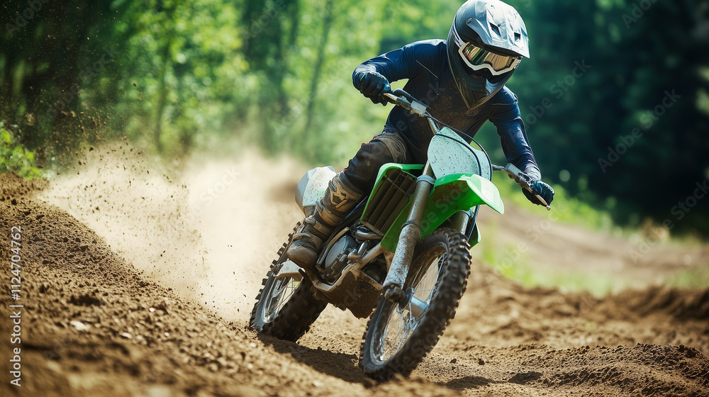 A rider on a green dirt bike races along a dusty track surrounded by forest. The high speed kicks up a cloud of dust, adding dynamic energy to the scene A rider on a green dirt bike races along a dusty track surrounded by forest. The high speed kicks up a cloud of dust, adding dynamic energy to the scene