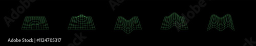 3D mesh. Abstract grid waveforms displayed in green lines on a black background, showcasing a futuristic and minimalistic digital style. Isolated vector