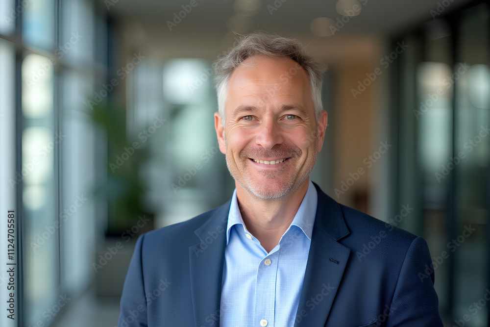 portrait of successful senior businessman consultant looking at camera and smiling inside modern office building