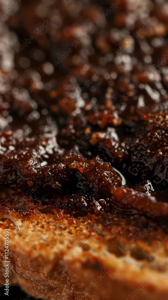 Close-up of a slice of toast with Vegemite, showing the dark paste spread over the crispy surface. Close-up of a slice of toast with Vegemite, showing the dark paste spread over the crispy surface.