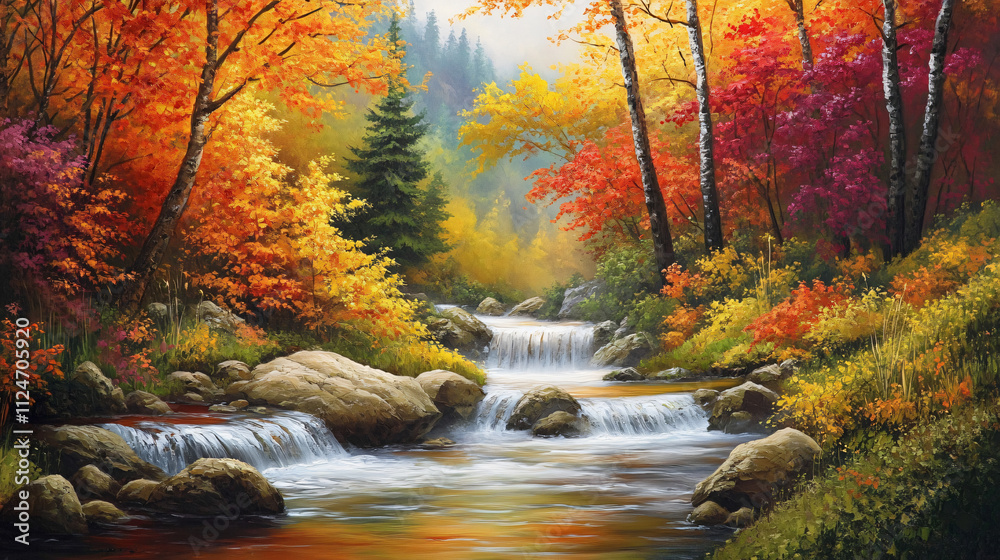 A tranquil autumn scene with a winding river flowing through a forest, surrounded by trees with colorful fall foliage in shades of red, yellow, and orange. A tranquil autumn scene with a winding river flowing through a forest, surrounded by trees with colorful fall foliage in shades of red, yellow, and orange.