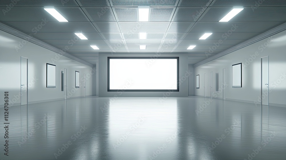 Blank screen in modern futuristic hallway. Concept of Presentation, technology, display. Blank screen in modern futuristic hallway. Concept of Presentation, technology, display.