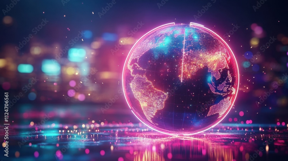 Futuristic neon globe illuminating global connectivity digital landscape 3d visualization nighttime technology concept Futuristic neon globe illuminating global connectivity digital landscape 3d visualization nighttime technology concept