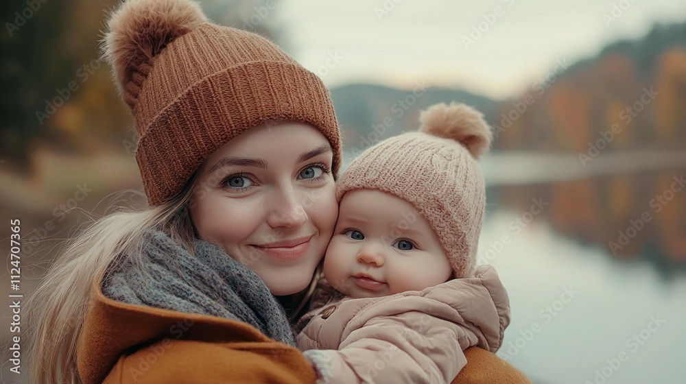 A happy young mother embraces her adorable baby near a serene lake, surrounded by vibrant autumn foliage, capturing a heartwarming moment filled with love and joy A happy young mother embraces her adorable baby near a serene lake, surrounded by vibrant autumn foliage, capturing a heartwarming moment filled with love and joy