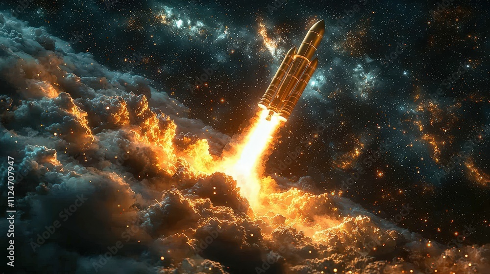 Golden rocket ascends through Earth's atmosphere with bright flames igniting the sky Golden rocket ascends through Earth's atmosphere with bright flames igniting the sky