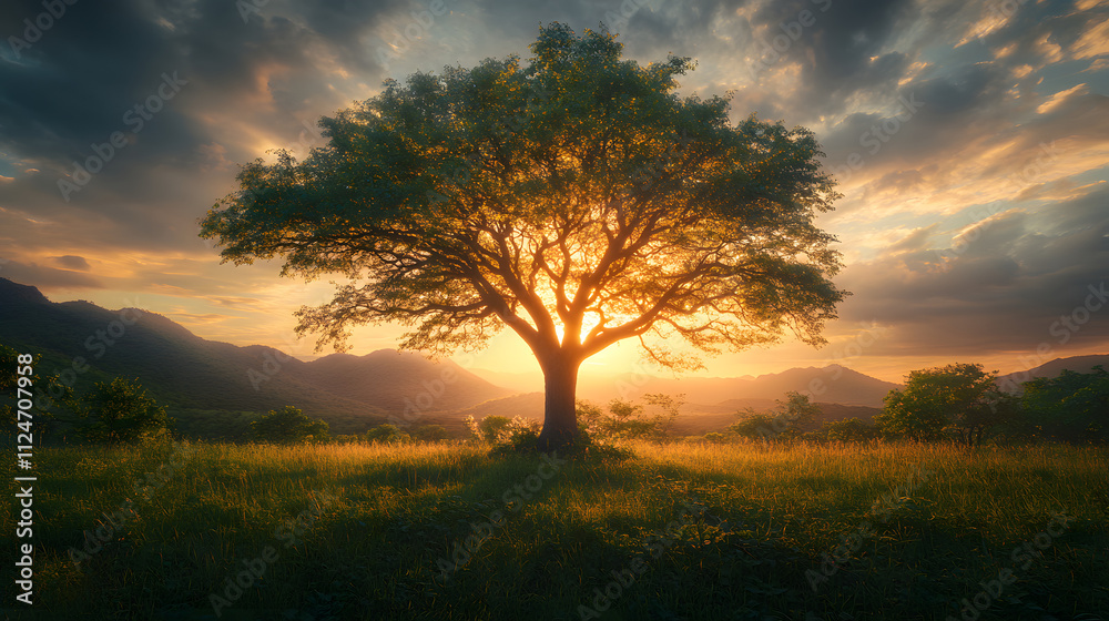 Serene sunset tree silhouette Serene sunset tree silhouette