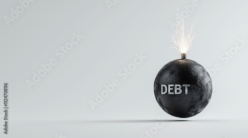 Hyper-realistic black atom bomb symbolizing financial debt with a lit fuse photo