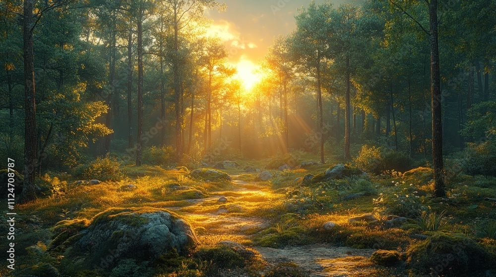 Sunbeams illuminate a misty forest path at sunrise. Sunbeams illuminate a misty forest path at sunrise.