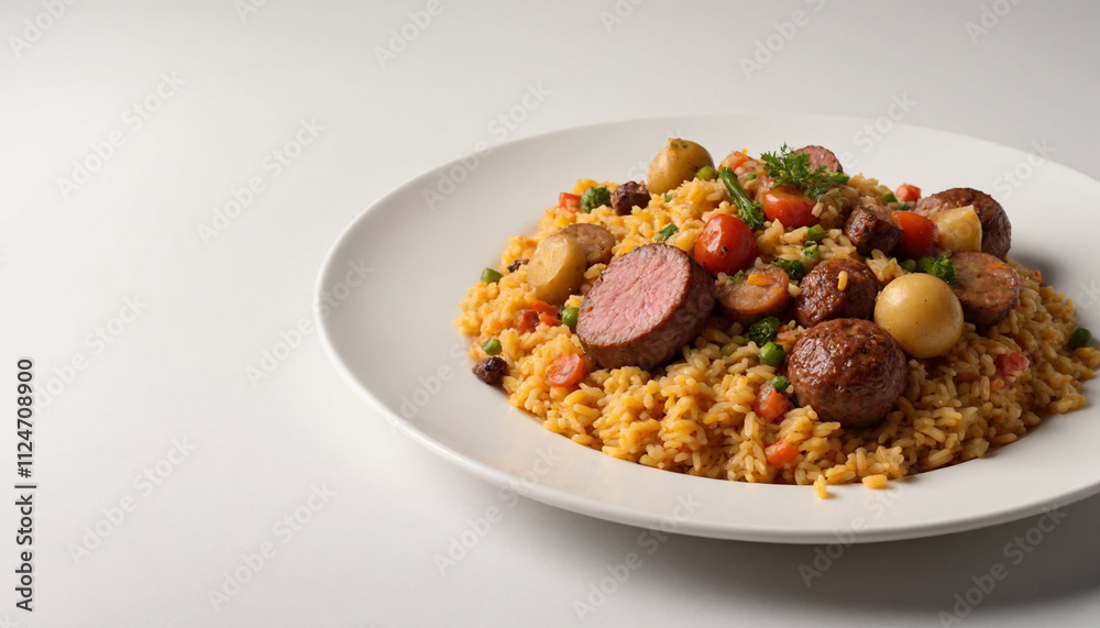 Arroz carreteiro in minimalist style in warm golden tones with copy space Arroz carreteiro in minimalist style in warm golden tones with copy space