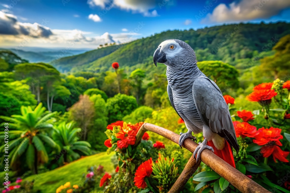 Obraz premium A Majestic African Grey Parrot Perched on a Wooden Stand Captured from Above with Stunning Drone Photography Showcasing Its Vibrant Feathers and Lush Green Surroundings
