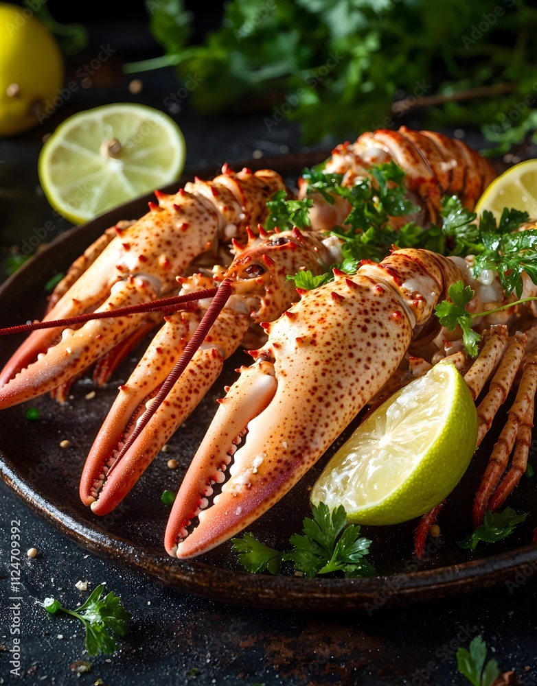 A beautifully presented lobster dish garnished with lime and herbs. A beautifully presented lobster dish garnished with lime and herbs.