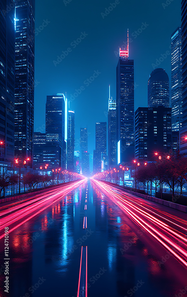 Fototapeta premium Urban cityscape with neon lights and modern technology concept in abstract digital illustration style for high tech background designs._00001_