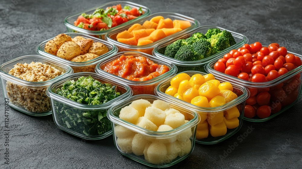 Assorted meal prep containers filled with fresh vegetables and grains. Assorted meal prep containers filled with fresh vegetables and grains.