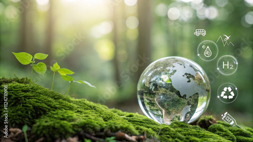 Crystal globe with Clean hydrogen energy concept and H2 for Sustainable Environment. eco-friendly industry and Climate.alternative energy in future for net-zero and Reducing greenhouse gas emissions