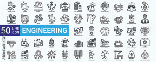 Engineering icon set with energy system, civil, infrastructure, labor, environmental, structural, electronics, mechanical, design and construction 