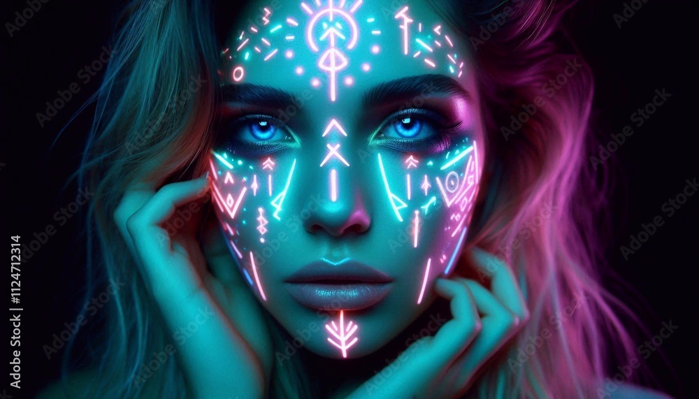 Portrait of a girl with neon tattoos on her face in the form of glowing runes Portrait of a girl with neon tattoos on her face in the form of glowing runes