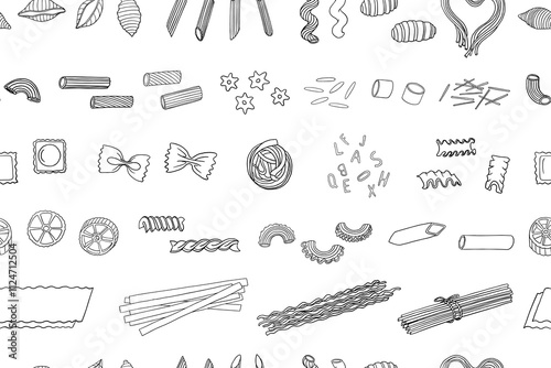 Seamless pattern of pasta of different shapes in doodle style. Italian Cuisine. Pasta time. Pasta lover. Hand drawn. Great for menu design, banners, websites, packaging. Vector illustration EPS10