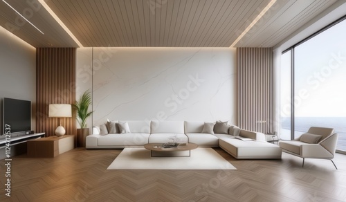 living room with a large white couch and a flat screen tv
