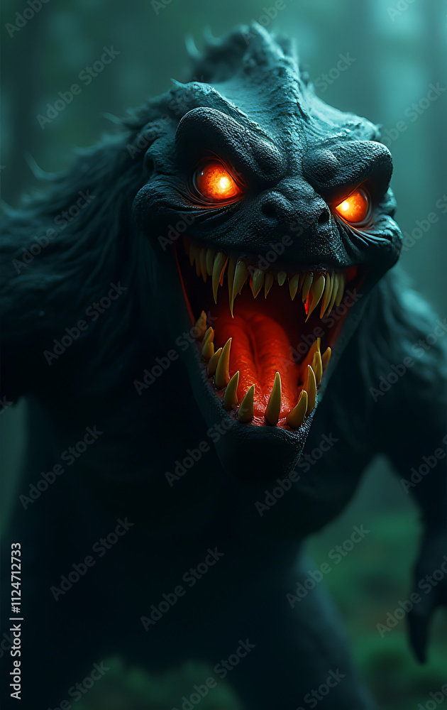 Naklejka premium The creature had a terrifying grin and blazing eyes that seemed to pierce through everything it saw at night._00001_