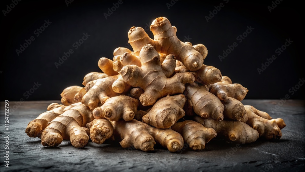 A Minimalist Capture of Fresh Ginger Root on Black Background, Highlighting Its Unique Texture and Form in a Simple Yet Striking Composition That Enhances Natural Beauty A Minimalist Capture of Fresh Ginger Root on Black Background, Highlighting Its Unique Texture and Form in a Simple Yet Striking Composition That Enhances Natural Beauty