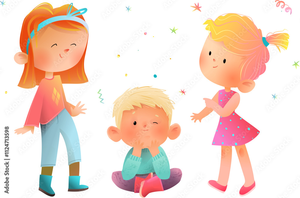 Children boy and girls of different age isolated clipart set. Happy kids friends characters in different clothes posing. Vector childhood characters illustration clip art for kids design. Children boy and girls of different age isolated clipart set. Happy kids friends characters in different clothes posing. Vector childhood characters illustration clip art for kids design.