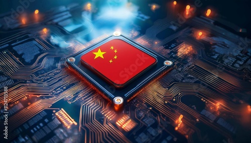 Flag of China on a processor, CPU Central processing Unit or GPU microchip on a motherboard. China is world's largest chip manufacturer, demonstrating the country's superiority in global supply chain. photo