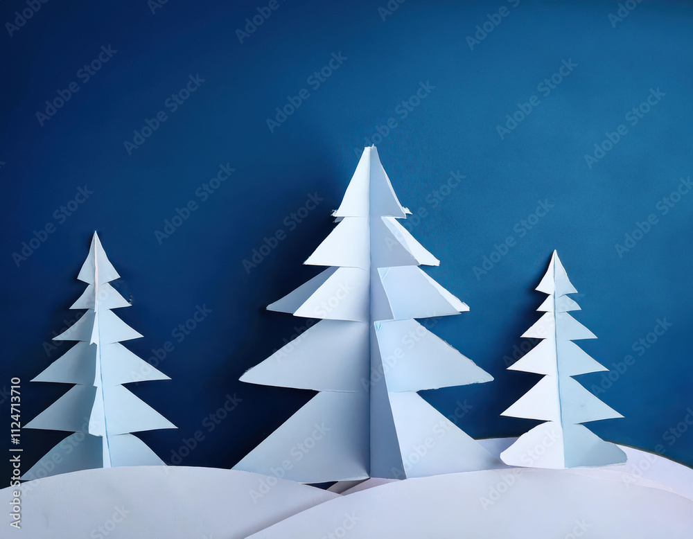 Obraz premium Abstract winter scene with paper trees against a deep blue sky