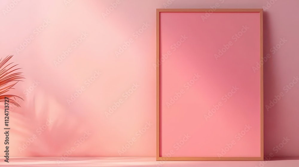 Blank frame mock up against a soft pink background with tropical leaves accentuating the space Blank frame mock up against a soft pink background with tropical leaves accentuating the space