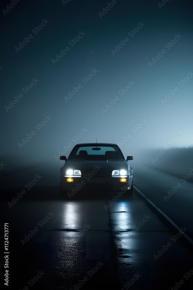 Car on a night road in the fog with headlights on Car on a night road in the fog with headlights on