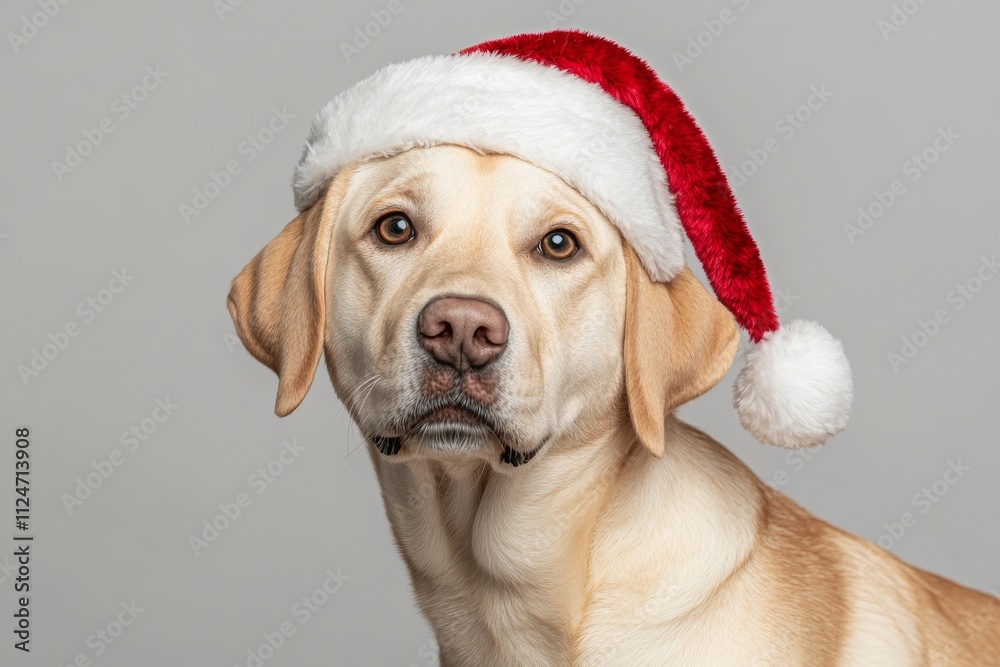 A Christmas pet featuring a Labrador puppy dog adorned with a Santa hat, set against a white background A Christmas pet featuring a Labrador puppy dog adorned with a Santa hat, set against a white background