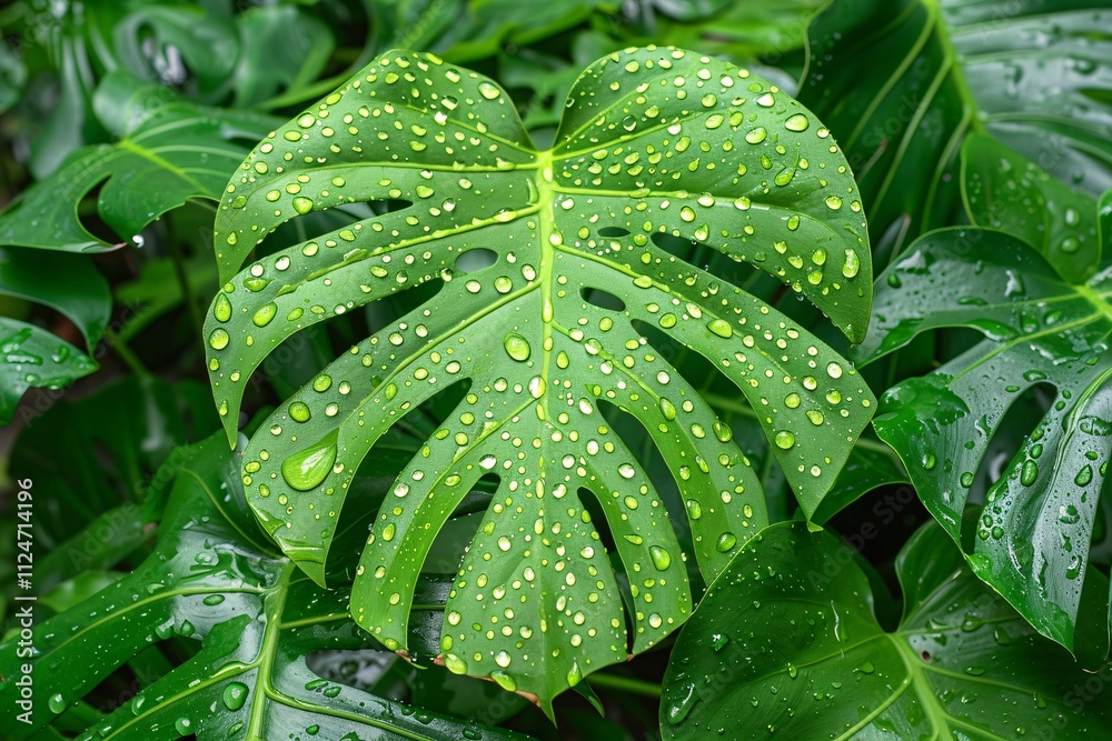 Lush monstera leaves cover the ground, adorned with glistening raindrops after a recent rainfall. This setting captures the vibrant greens of a tropical environment Lush monstera leaves cover the ground, adorned with glistening raindrops after a recent rainfall. This setting captures the vibrant greens of a tropical environment