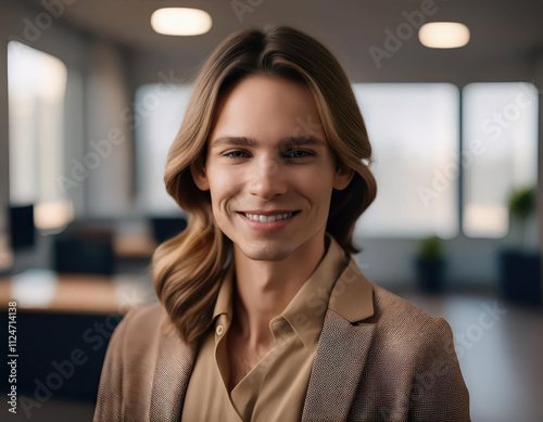 Confident young caucasian male in business attire smiling in office environment