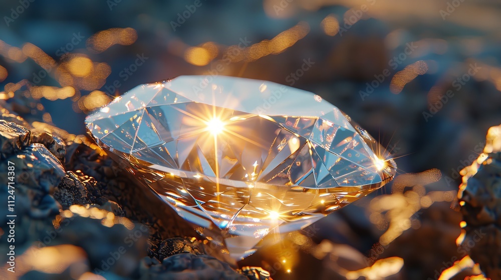 The image showcases two panels, each featuring a close-up view of crystalline structures. The left panel displays clear, transparent crystals with intricate geometric facets, illuminated by warm, gold